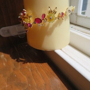 Floral 7.97ctw Natural Mother of Pearl & Genuine Ruby, Simulated Sapphire Floral 14K Gold/925 Bracelet, 6-5 7-5, Wt. 11.7g image 3