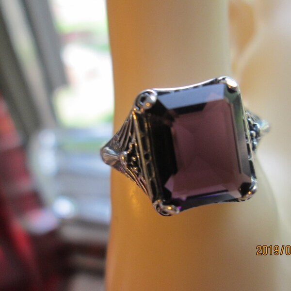 Art Deco 3.00ctw Large  Natural Amethyst 925 Sterling Silver Filigree  Ring Size 8,  3.7 Grams