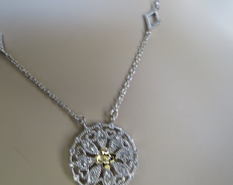 Handcrafted Genuine  .10ctw  SI1 Diamond .925 Sterling Silver w/ 14KT Gold Lavalier Little Heart Necklace Signed WAN, 19" Long