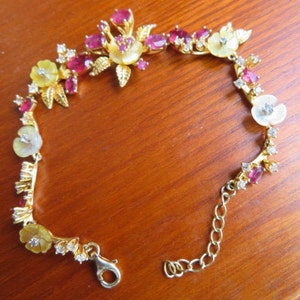 Floral 7.97ctw Natural Mother of Pearl & Genuine Ruby, Simulated Sapphire Floral 14K Gold/925 Bracelet, 6-5 7-5, Wt. 11.7g image 10
