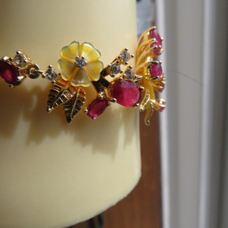 Floral 7.97ctw Natural Mother of Pearl & Genuine Ruby, Simulated Sapphire Floral 14K Gold/925 Bracelet, 6-5 7-5, Wt. 11.7g image 5