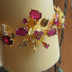 Floral 7.97ctw Natural Mother of Pearl & Genuine Ruby, Simulated Sapphire Floral 14K Gold/925 Bracelet, 6-5 7-5, Wt. 11.7g image 1