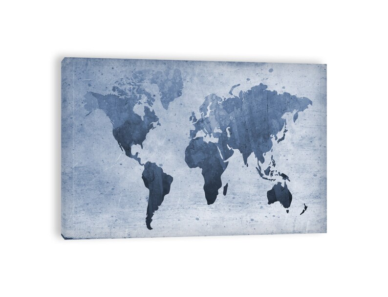 grey blue world map canvas print wall decor watercolor ink