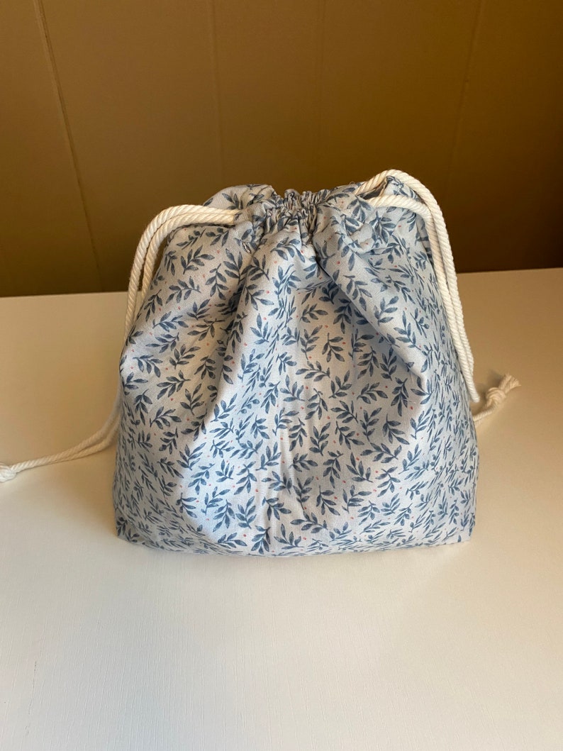 Blue Medium Project Bag, Project Bag, Drawstring Fabric Project Bag, Knitting Project Bag, Drawstring Bag, Fabric Gift Bag, Blue Leaf Bag image 3