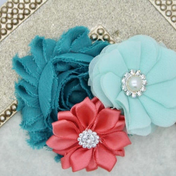 Flower hair clips, mint and coral hair clips, toddler hair clips, teal hair clips, mint and teal hair bows, baby mint hairbow