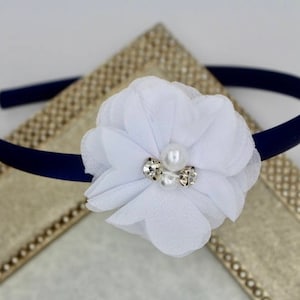 Navy Blue Headband: White Chiffon Flower Girl Hair Accessory