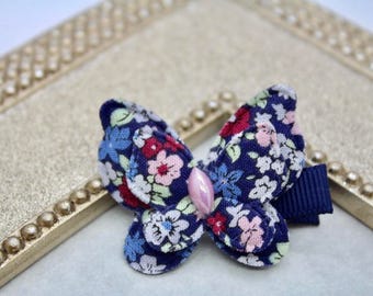 Navy blue butterfly hair clips, small butterfly hair clip, baby Easter hairbow, floral butterfly hair clip, floral hair clips