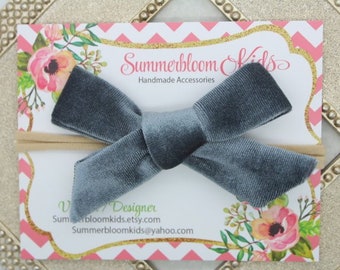 Nylon baby headbands, gray bow headband, velvet bow headband, gray nylon headband, hand tied hairbow, gray velvet hairbow, gray tied bow