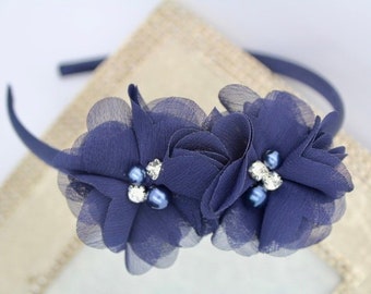 Navy blue headband, flower headband, flower girl headband, girls headband, satin headbands, hard headband, toddler headband, navy headbands