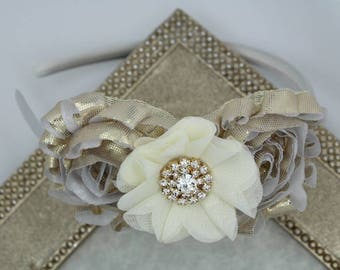 Gold flower headband, gold flower girl headbands, toddler headband, gold wedding headband, kids hair accessory, gold and ivory headband