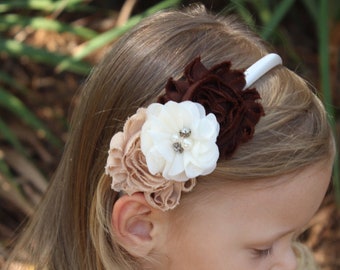 Brown flower headbands, brown flower girl headbands, champagne headbands, country wedding headband girls fall headband ivory girls headbands