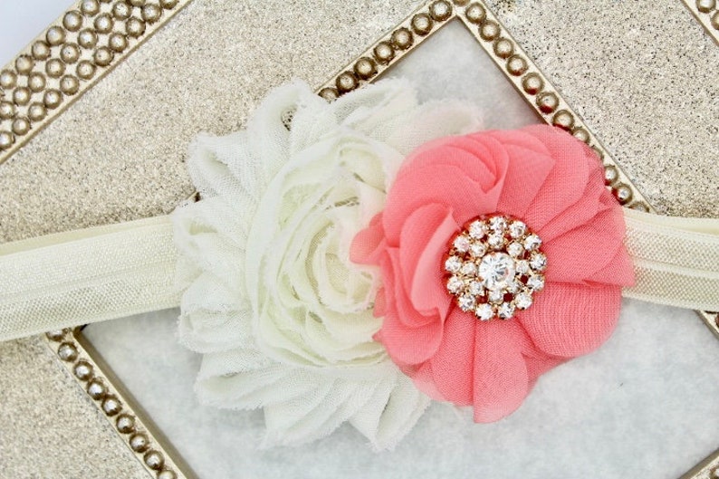 vintage coral toddler headbands coral flower girl headbands Ivory and coral headbands coral and gold headbands baby girl headbands