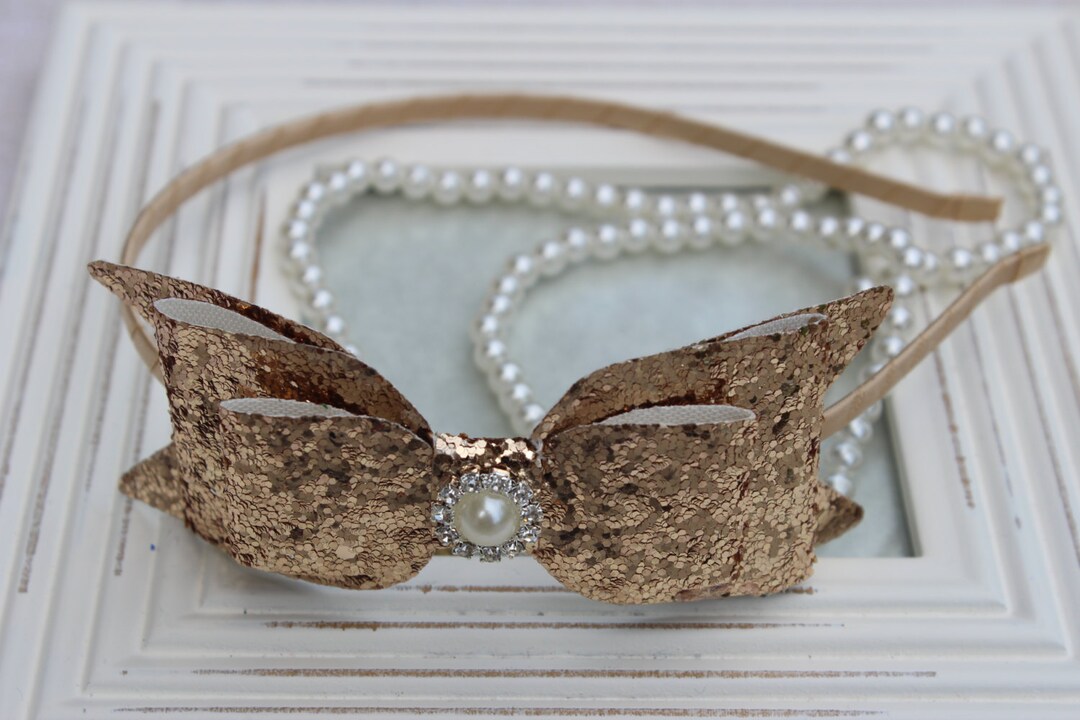 Gold Glitter Bow Hard Headband, Gold Glitter Bow Headband, Gold Glitter