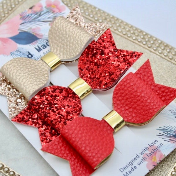 Girls hair bows, hairbow bundle set, girls hair bows, red and gold hairbow, toddler hairbows, faux leather hairbow, girls birthday gift