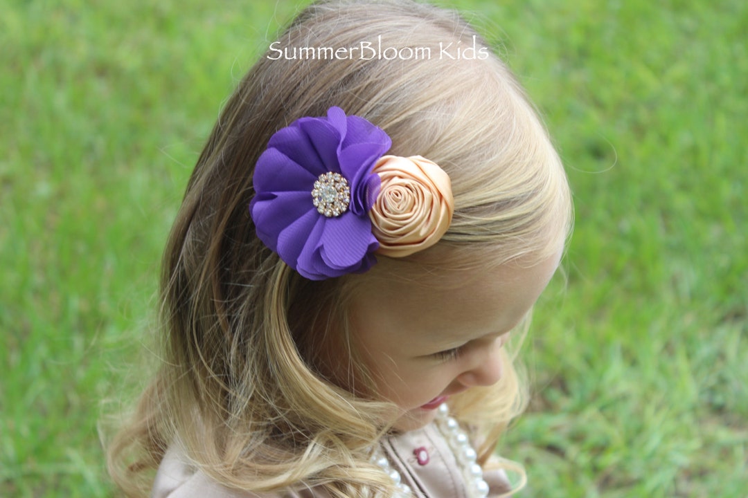 Purple and Gold Hair Clips, Gold and Purple Flower Clips, Gold and Purple Flower Girl Hair Clips