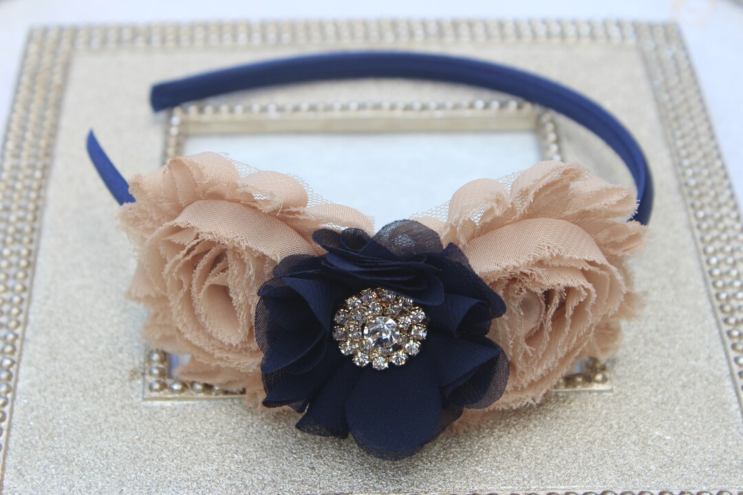 Navy Blue Headbands, Navy Blue and Champagne Flower Girl Headbands, Navy and Gold Headband, Navy