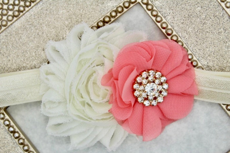 vintage coral toddler headbands coral flower girl headbands Ivory and coral headbands coral and gold headbands baby girl headbands