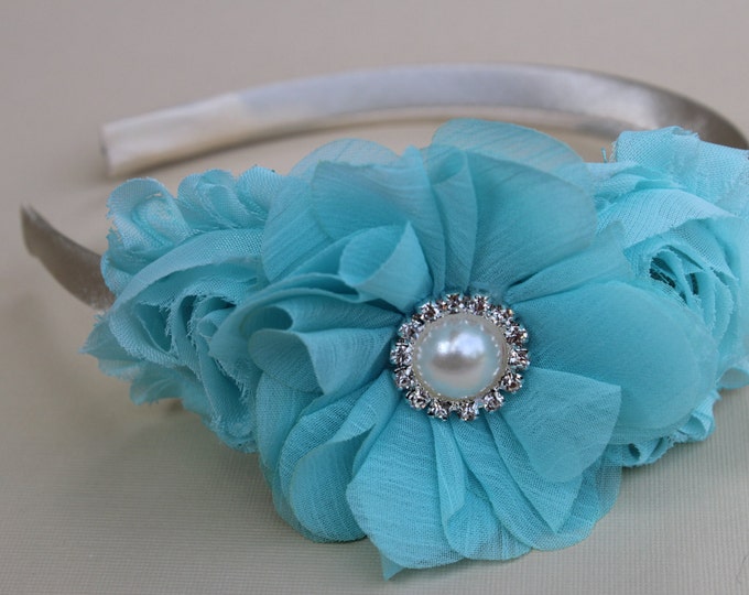 Chiffon Flower Headband in Aqua main image 0