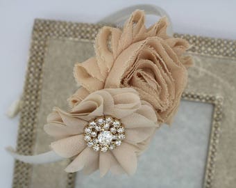 Girls champagne headbands, toddler gold flower girl headbands, girls champagne wedding headband, tan headbands, toddler hair accessory