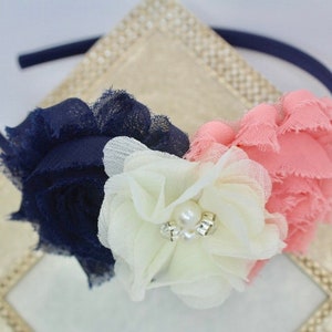 Coral and navy wedding, coral and navy headband, navy blue headbands, flower girl headbands, girls navy headbands, toddler heabdands