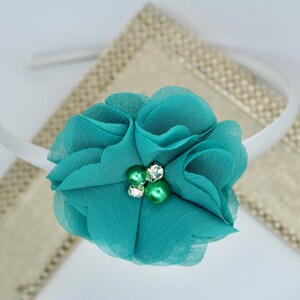 Girls teal headband, peacock headband, teal hard headband, girls headband, teal flower headband, teal wedding headband, teal hair accessory