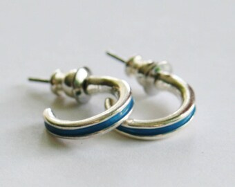 Silver /& Turquoise Semi-Hoop Earrings Silver Plated Studs 90/'s Vintage Hoop Earrings Pierced Ears Minimalist Made in the UK