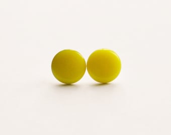 Vintage 1970s Neon Yellow Enamel Stud Earrings: Pierced, Round, Oversized