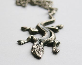 Unusual Lizard Gecko Pendant // Silver Tone Metal w/ Swarovski Crystal Eyes  // 70's Vintage Costume Jewellery // Made in England