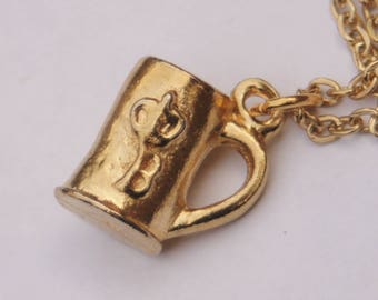 Vintage Ale Beer Mug Charm Necklace // Unusual Vintage Pendant w/ Chain // Gold Plated // Made in the UK // Vintage Gift Idea