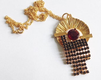 Art Deco Geometric Abstract Gold Pendant w/ Red & Garnet Crystals - Vintage Gold Plated Mid Century Necklace Siam Red Crystals