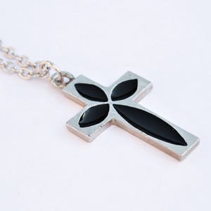 Enameled Black Cross Necklace // Silver Cross Pendant // 80&#39;s Vintage Fashion Accessories // Made in England // Crucifix