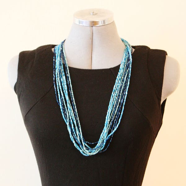 Long Multistrand Blue Seed Bead Necklace // 1960's Vintage Beaded Necklace