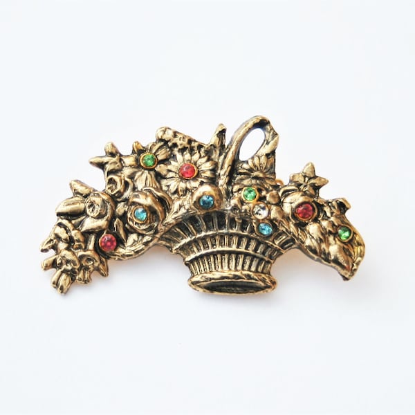 Vintage Flower Basket Brooch // Gold Plated w/ Coloured Crystals // Traditional Gift Idea // Ladies Costume Jewellery // Made in England