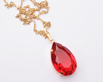 1970's Vintage Large Red Crystal Teardrop Pendant w/ Long Chain Gold Necklace