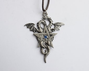 Gothic Dragon Pentagram Pendant: Silver Pewter, Swarovski Crystal, Pagan Jewelry
