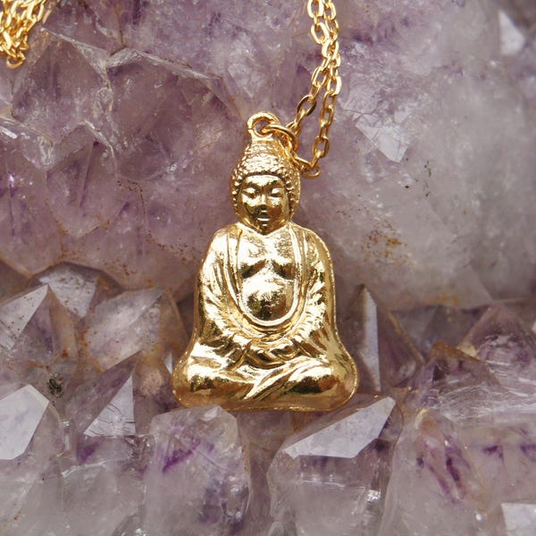 Vintage Retro 1970's Buddha Pendant on Chain / Spiritual / Religious / Buddhism / Gold Plated Necklace