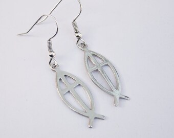 Silver Fish Cross Earrings: Religious Dangle Earrings, Made in England