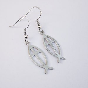 Dangly Silver Fish Earrings // Religious Fish Cross Earrings // Made in England