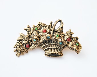 Broche vintage de cesta de flores: bisutería de cristal bañada en oro, fabricado en Inglaterra.