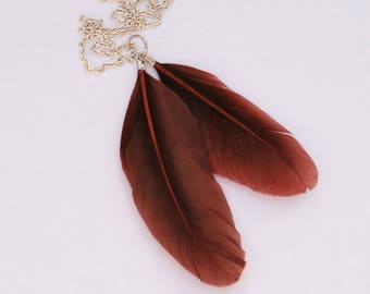 Bohemian Feather Necklace // Long Chain Necklace w/ Brown Feathers // Handmade in England