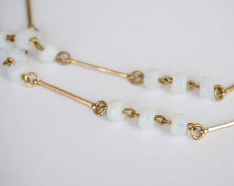 Vintage Opalescent Bead Necklace: Long White Brass Spacer Jewelry