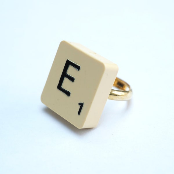 bague Scrabble vintage, bague lettre E, bague ajustable plaquée or, idée cadeau originale