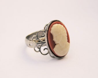 1970s Vintage Cameo Ring: Silver Tone Adjustable Statement Ring