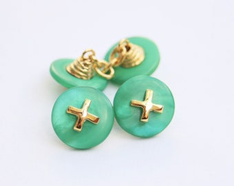 Vintage groene harsmanchetknopen: gouden kruis, jaren 80 DMJ