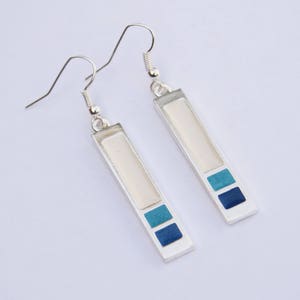 Enameled Silver Drop Earrings // Turquoise, White & Blue // Geometric / Art Deco Style // Made in England