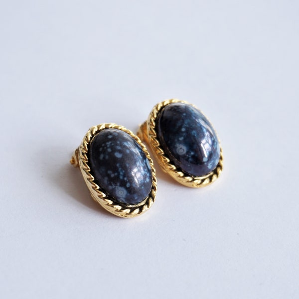 1970's Signed Vintage Oval Clip On Earrings - Gold Plated Clips w/ Marbled Blue Glass Cabochons - Signed JEM 73