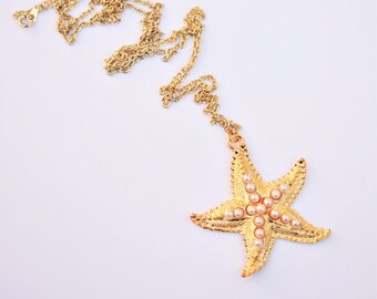 Collier pendentif étoile de mer en plaqué or vintage avec fausses perles