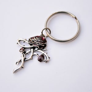 Gothic Silver Rose Keyring - Enameled Red Rose - Ladies Keyring - Made in England