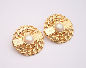 Big Gold & Pearl 80's Vintage Earrings // Circular Gold Disc Earrings // Ladies Clip On's // Made in England