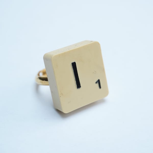 bague Scrabble vintage, bague lettre I, bague ajustable plaquée or, idée cadeau originale